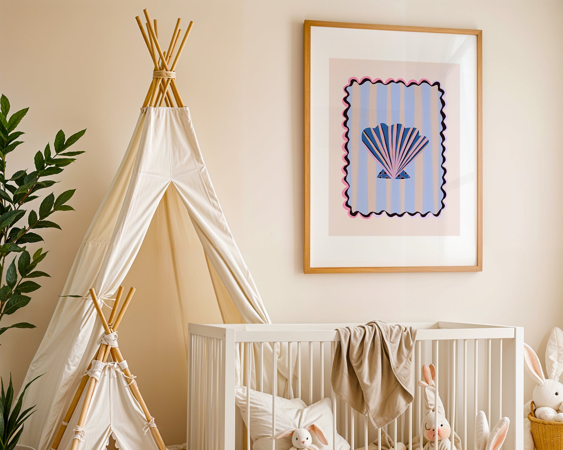 Nursery room with white crib, teepee, and abstract shell art on the wall.