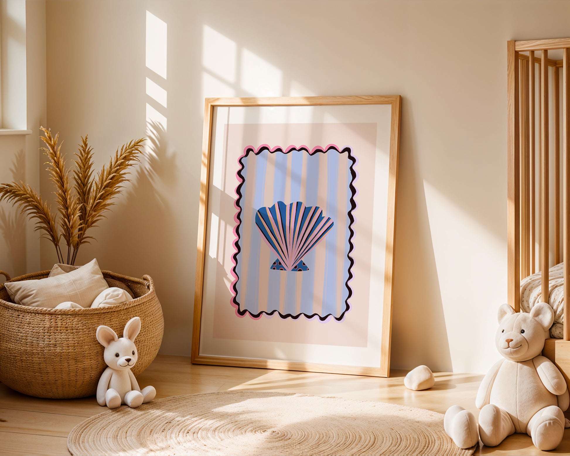 Framed abstract shell art piece on a wall with toys and a basket in a room.