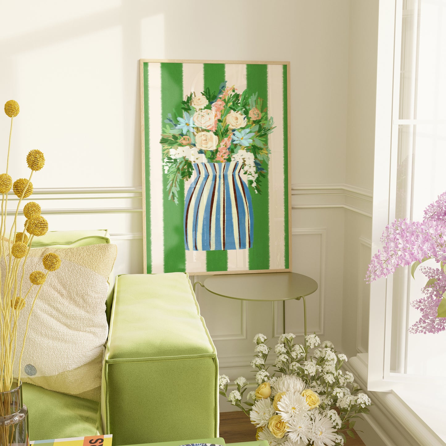 Striped Flowers in Vase / Coastal Art Print