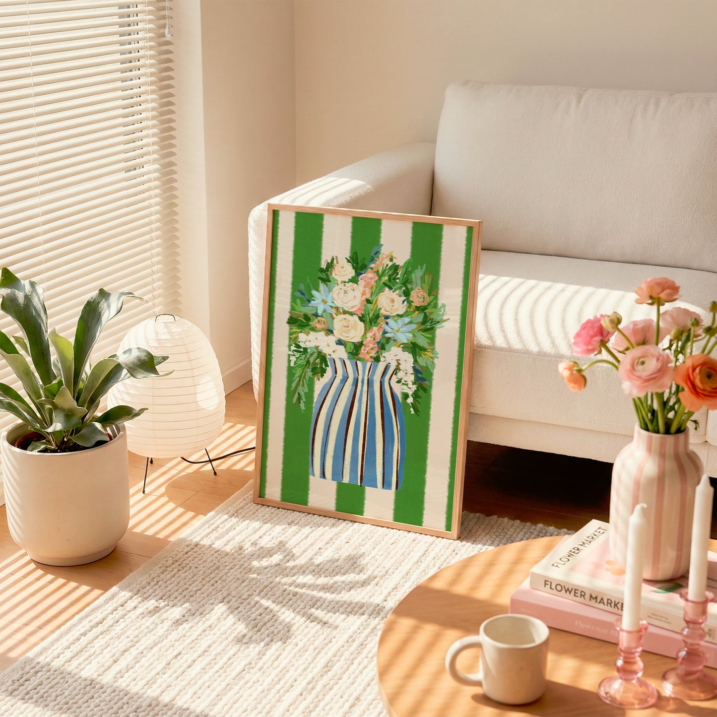 Striped Flowers in Vase / Coastal Art Print