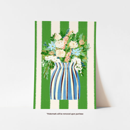 Colourful coastal art print featuring flowers in a blue and cream striped vase against bold green and cream stripes
