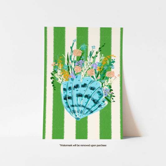 Blue scallop seashell print filled with colourful painterly wildflowers against a green and cream striped background
