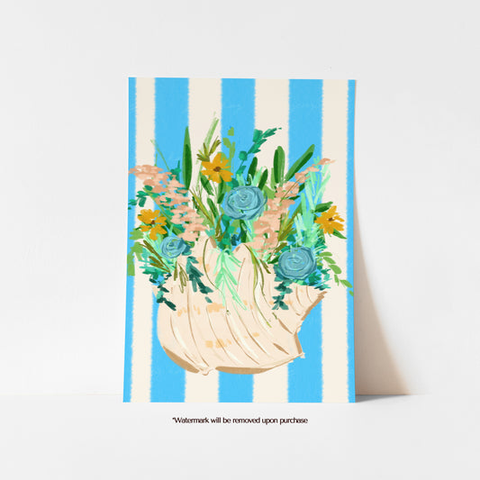 Colourful conch shell print filled with blue, peach and yellow wildflowers against a blue and cream striped background
