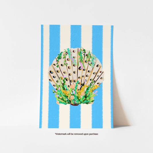 Scallop seashell print with colourful wildflowers and trailing foliage against bright blue and cream stripes
