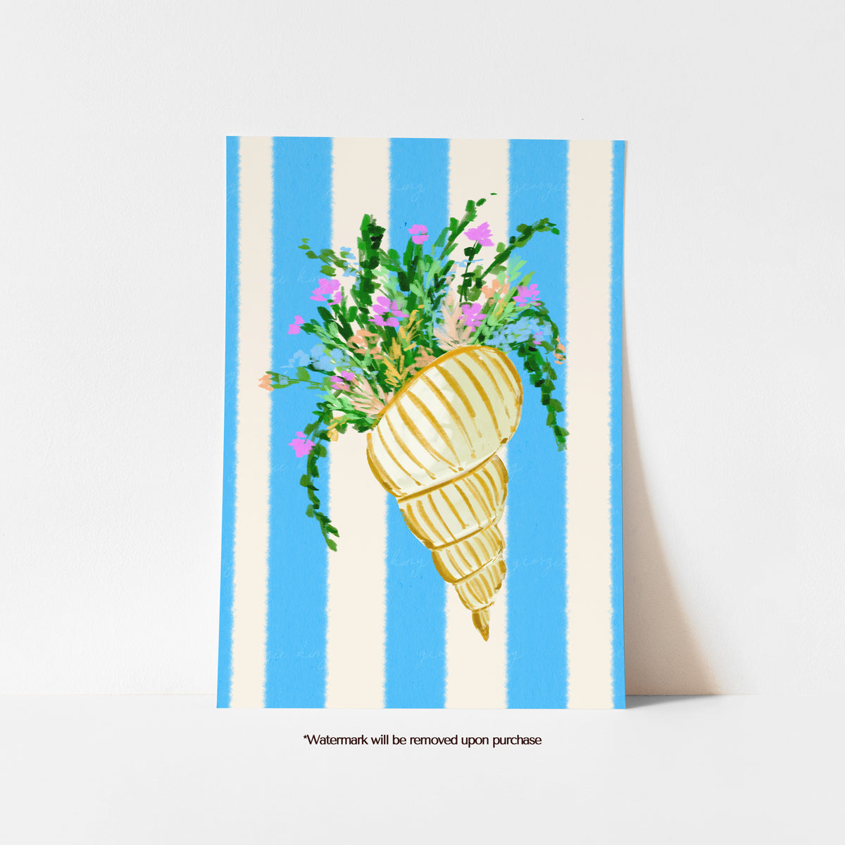 Golden spiral seashell print filled with pink and green wildflowers against a blue and cream striped background
