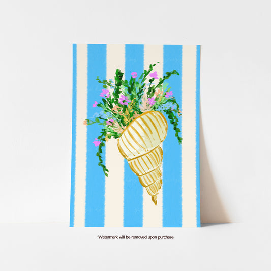 Golden spiral seashell print filled with pink and green wildflowers against a blue and cream striped background
