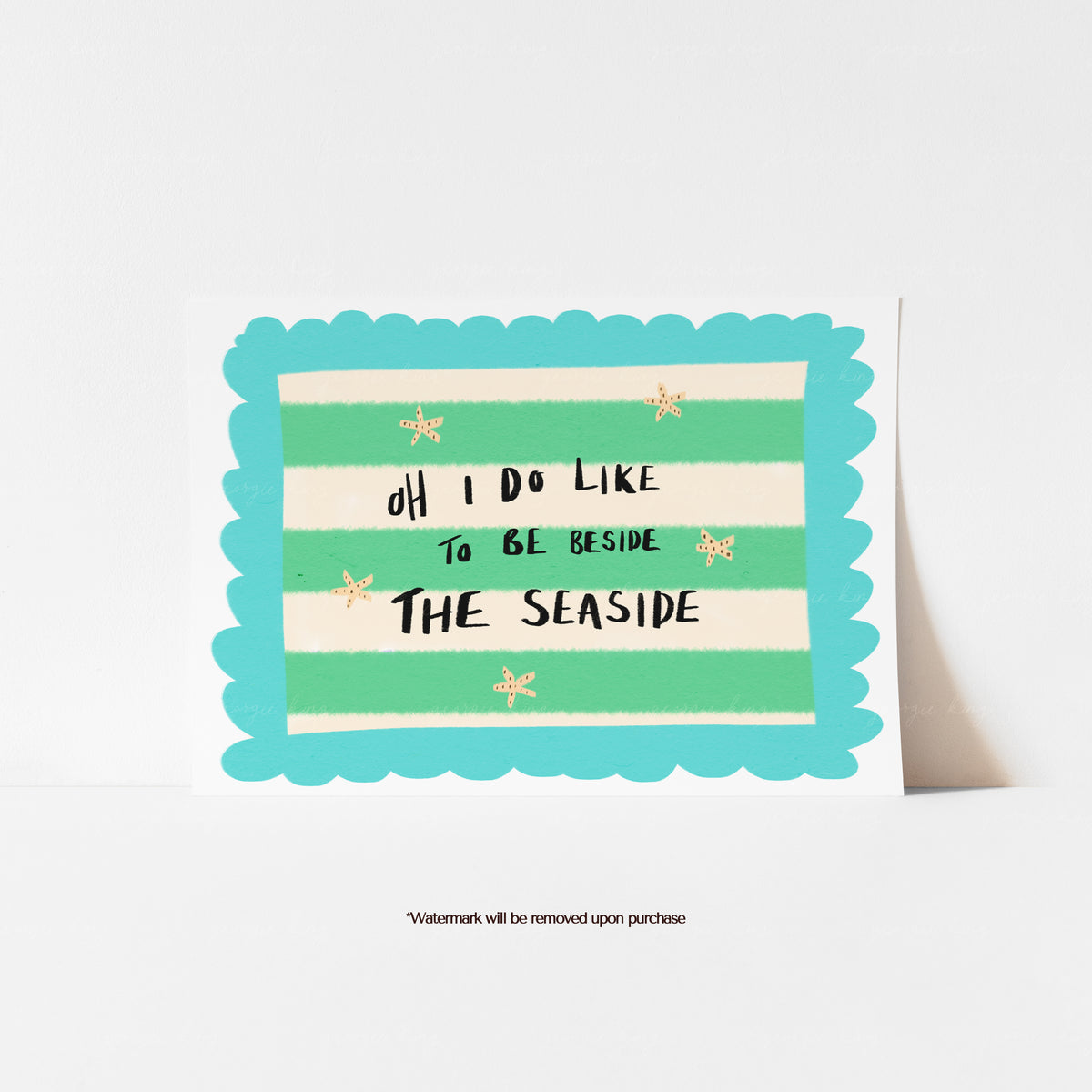 Beside the Seaside coastal quote print with hand-painted lettering, starfish and turquoise and green stripes
