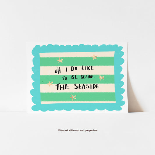 Beside the Seaside coastal quote print with hand-painted lettering, starfish and turquoise and green stripes
