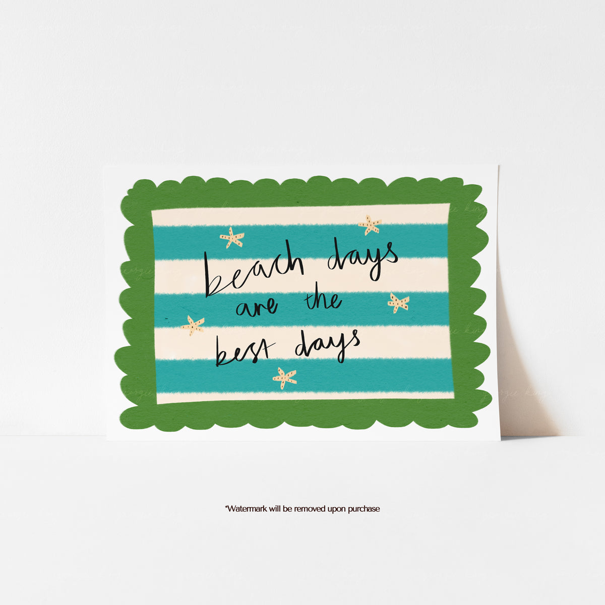 Beach Days Are the Best Days coastal quote print with black lettering, starfish and turquoise stripes
