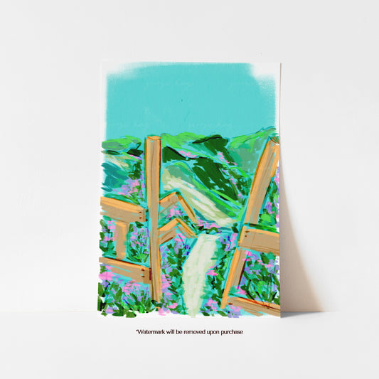Colourful coastal walk print featuring a wooden path and fence winding through pink wildflowers towards the sea
