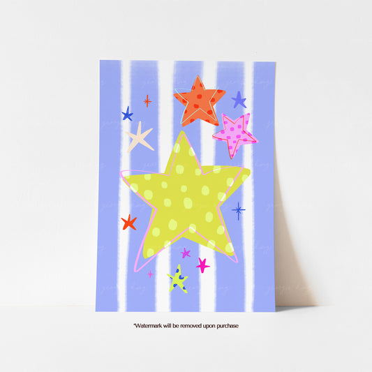 Multicoloured star print for kids’ rooms featuring bright patterned stars against a lilac and white striped background

