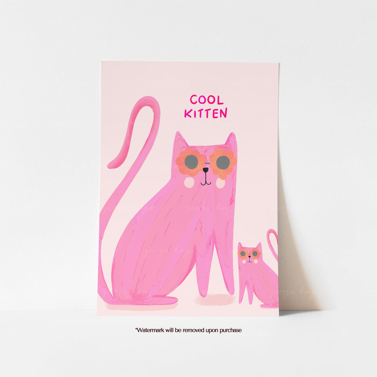 Cool Kitten pink cat print with a large cat wearing colourful sunglasses and a smaller kitten on a pale pink background
