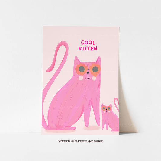 Cool Kitten pink cat print with a large cat wearing colourful sunglasses and a smaller kitten on a pale pink background
