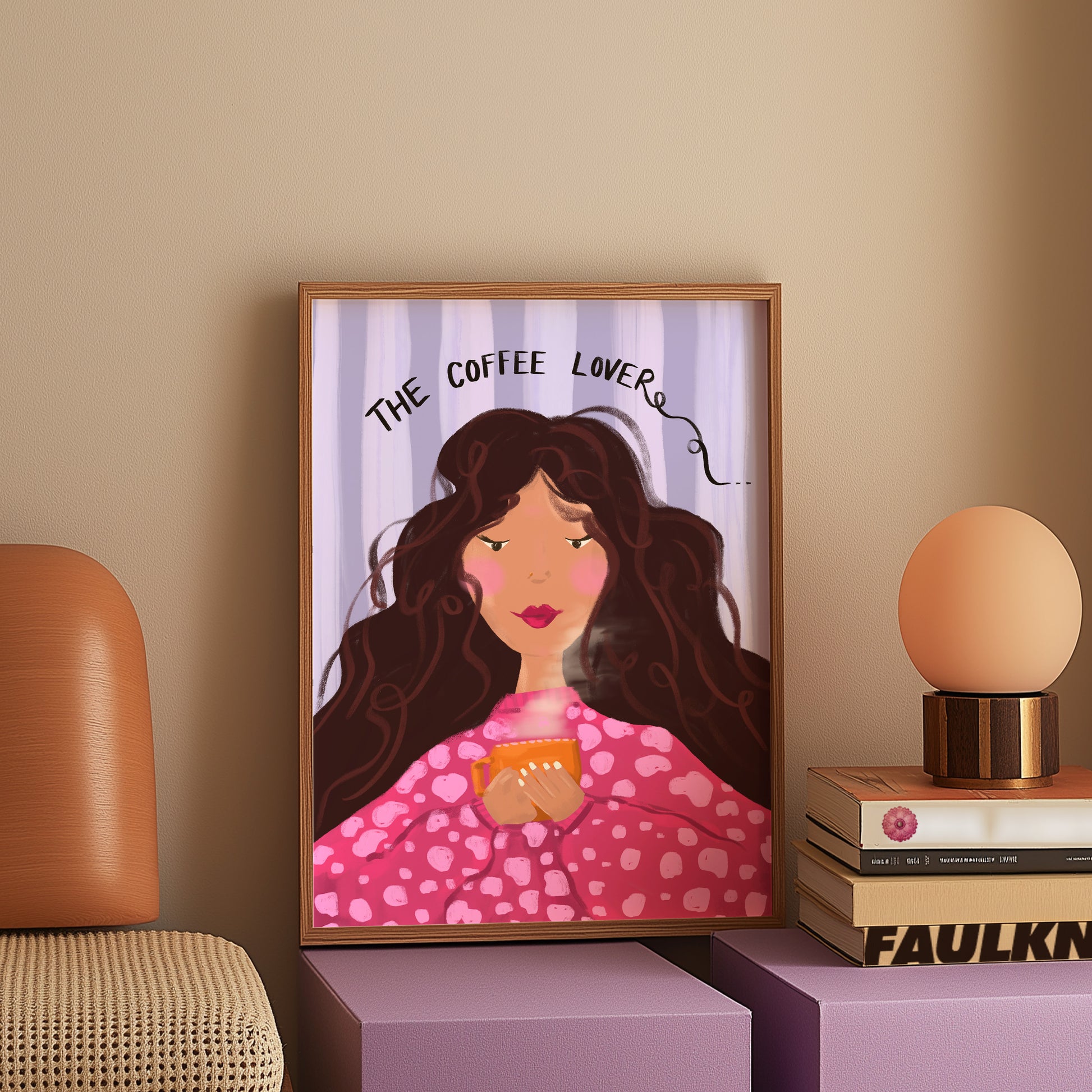 Personalized coffee lover artwork with skin tone, hair, and dress options.