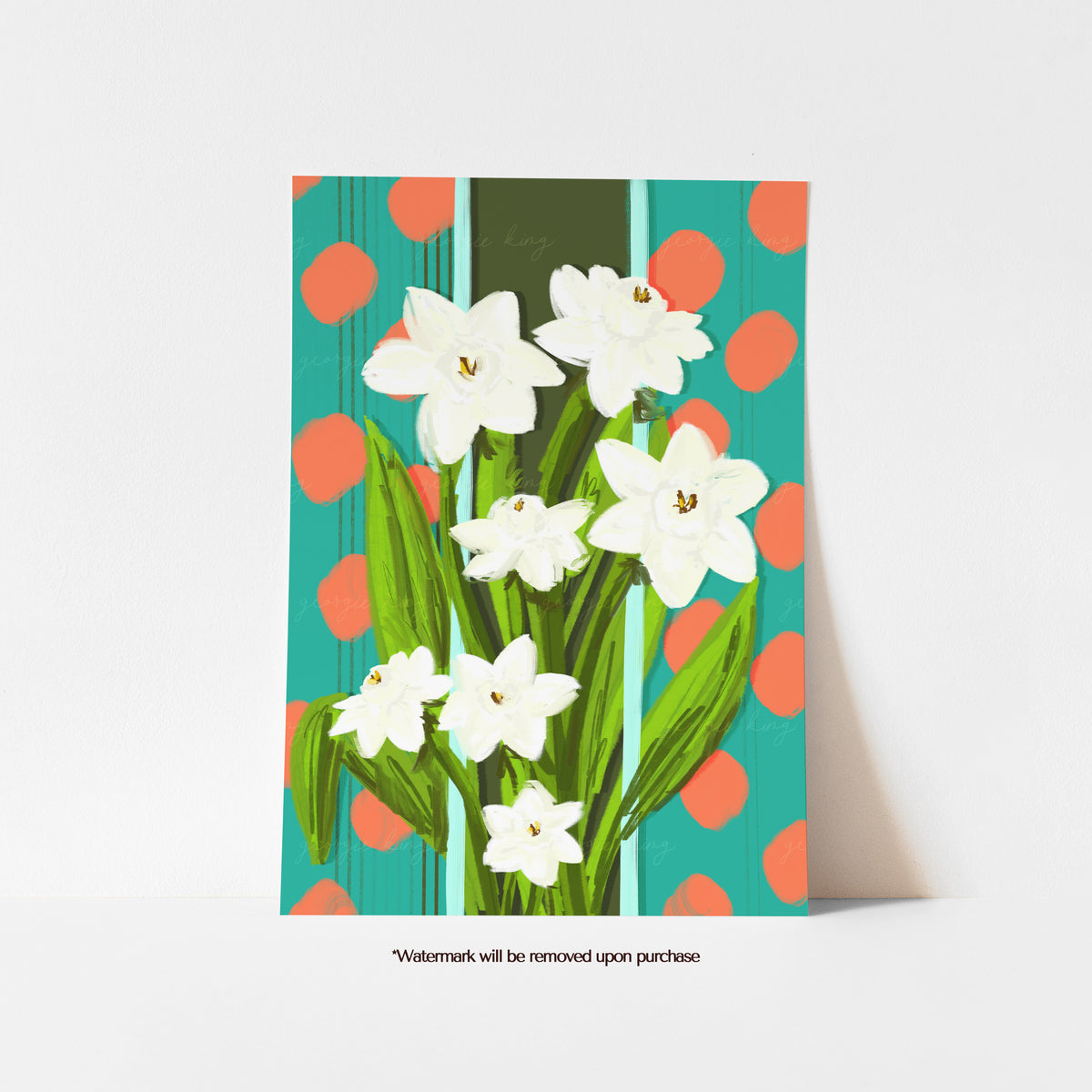 December birth flower print with white narcissus flowers against a teal background with orange spots