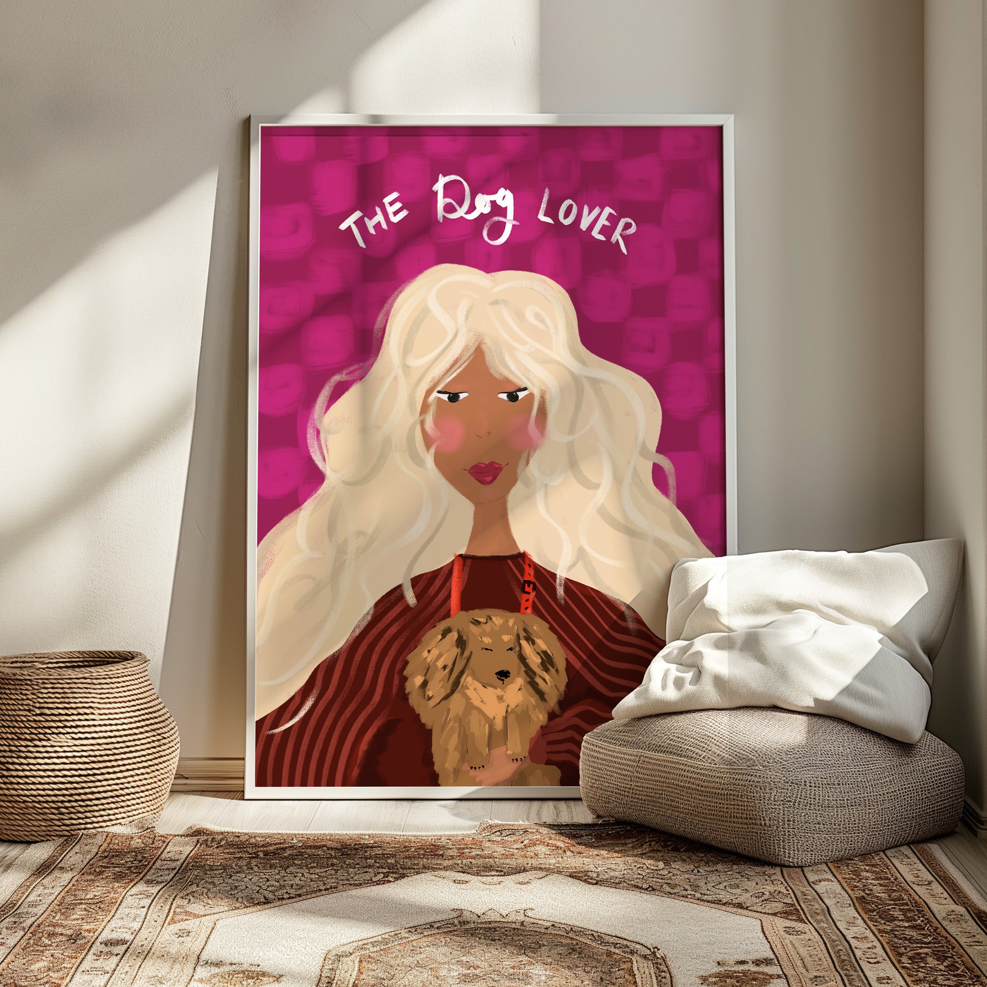 Aesthetic wall art print of a girl cuddling her fluffy dog.