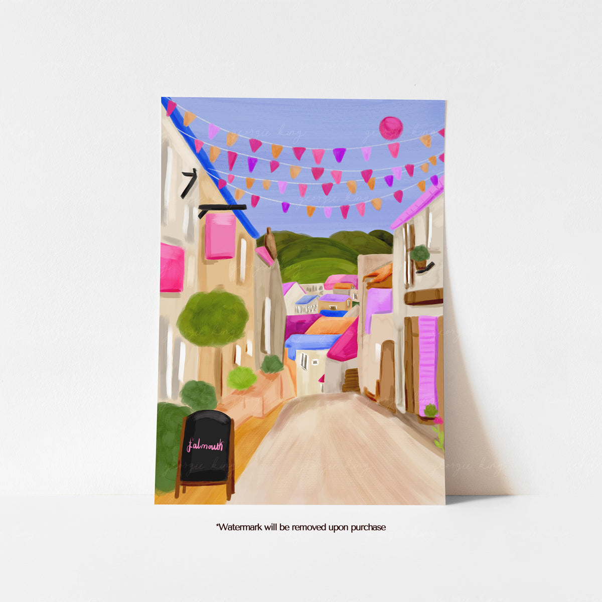 Colourful Falmouth Cornwall print showing a town street with bunting, bright shopfronts and potted plants
