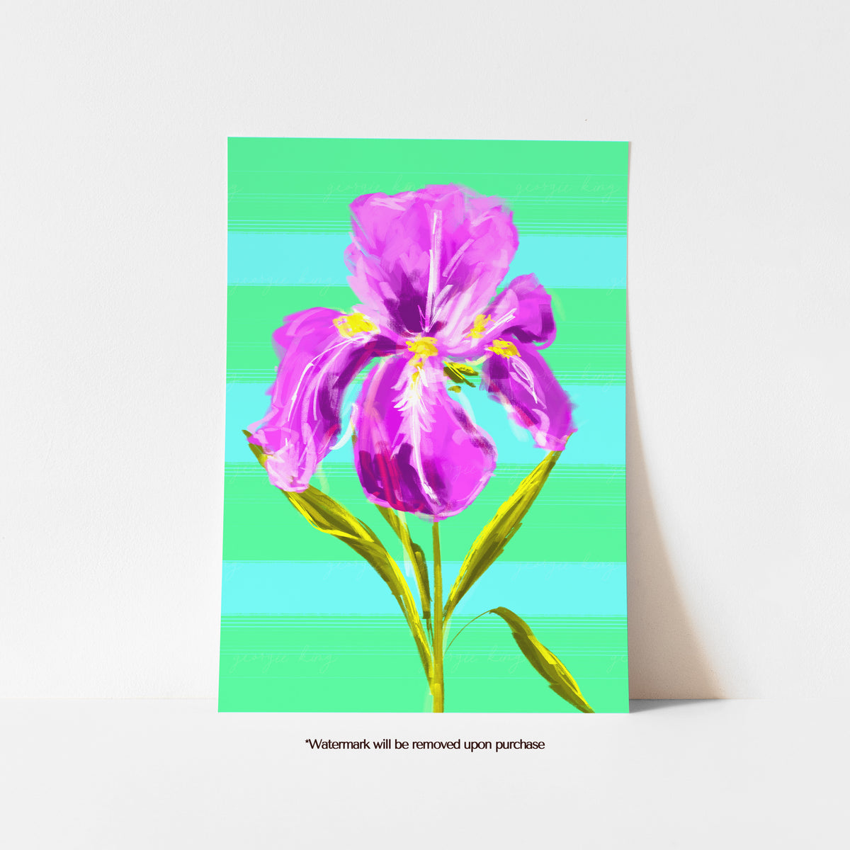 February birth flower print featuring a large purple iris on a bright green striped background