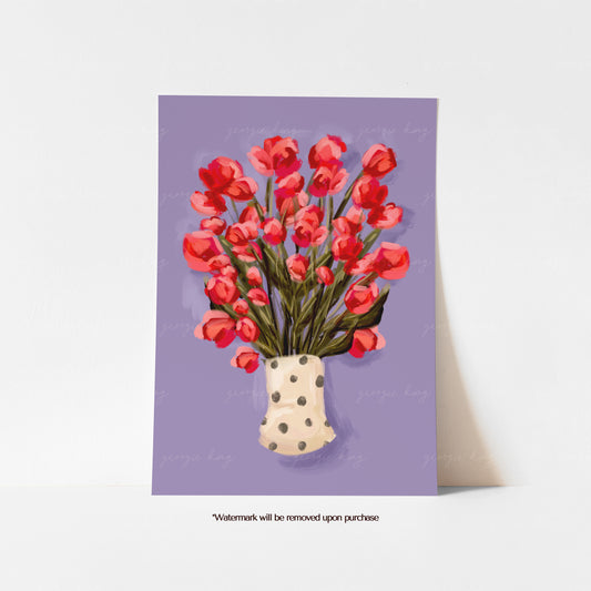 Red tulip print with a large bunch of flowers in a cream polka dot vase against a lilac background

