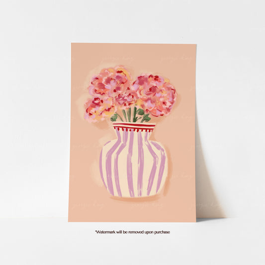 Pink flower print with two soft round blooms in a lilac striped vase against a peach background
