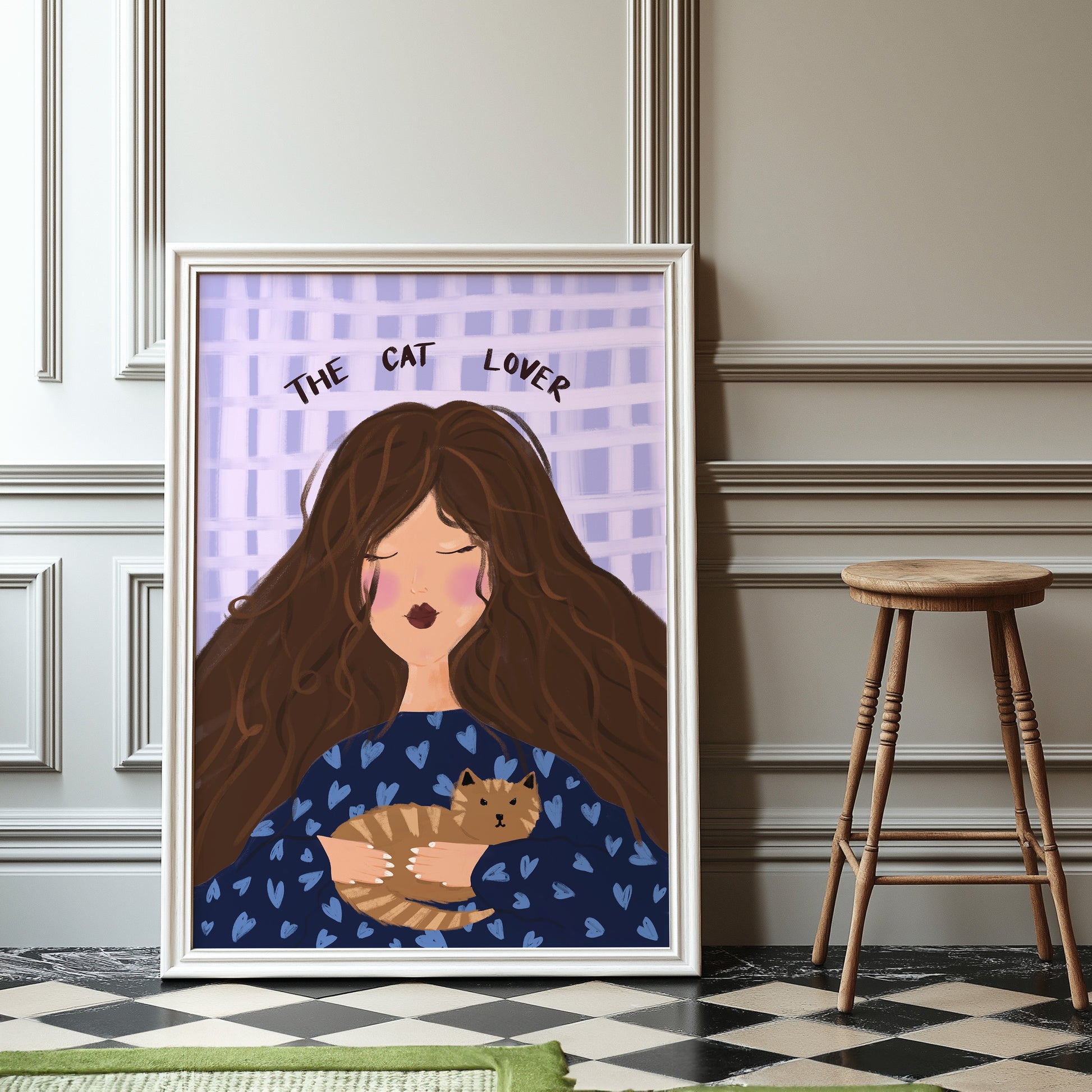 Aesthetic wall art print of a stylish girl cuddling her pet cat.
