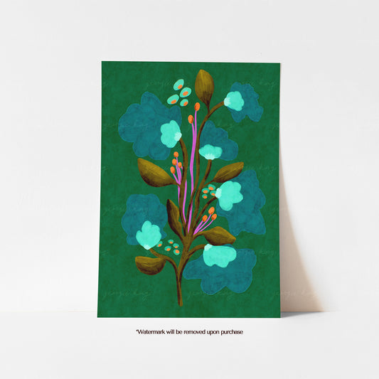 Green abstract floral print featuring teal flowers, coral buds, pink stems and olive leaves on a deep green background
