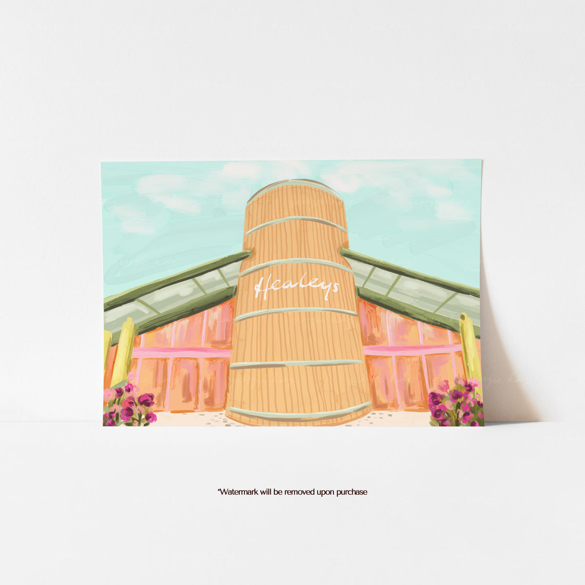 Healeys Cornish Cyder Farm print with the large barrel entrance, pink farm buildings and colourful flowers
