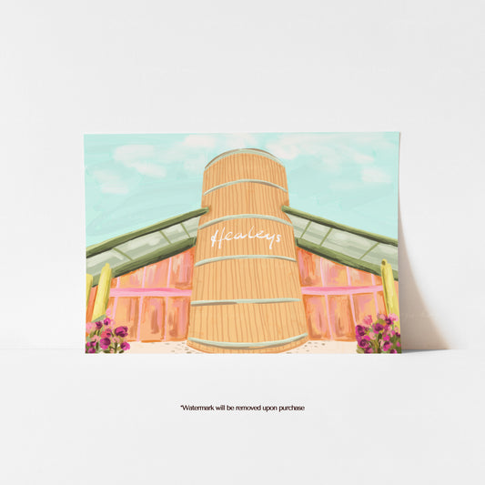Healeys Cornish Cyder Farm print with the large barrel entrance, pink farm buildings and colourful flowers
