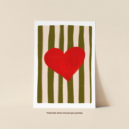 Colourful heart art print with a large painterly red heart on olive green and cream stripes
