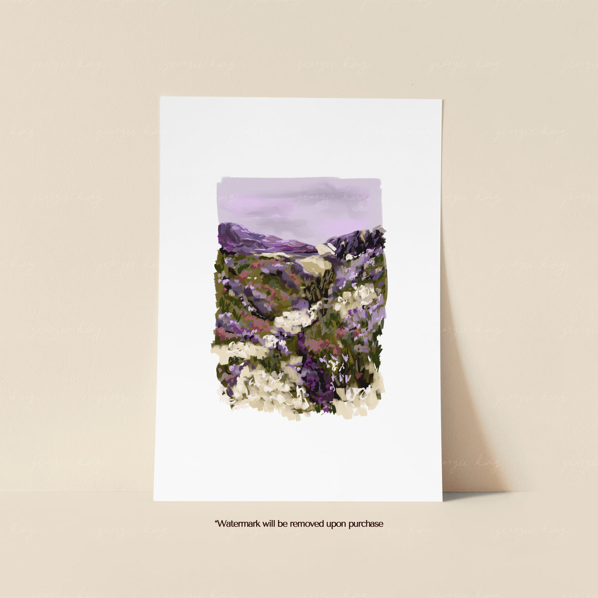 Heather hillside print featuring purple wildflowers, green hills and soft painterly countryside details
