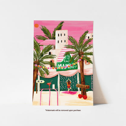 Colourful Ibiza travel print with Café Mambo, palm trees, pink sunset sky, DC-10 sign and island nightlife details
