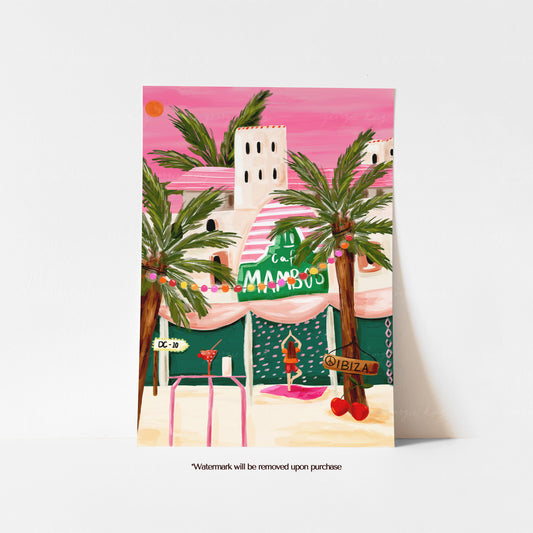 Colourful Ibiza travel print with Café Mambo, palm trees, pink sunset sky, DC-10 sign and island nightlife details
