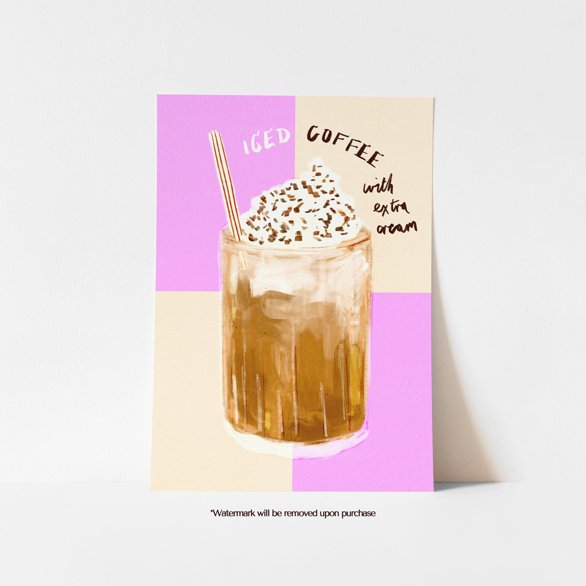 Pink iced coffee print with whipped cream, chocolate sprinkles and a striped straw on a pink and cream chequered background
