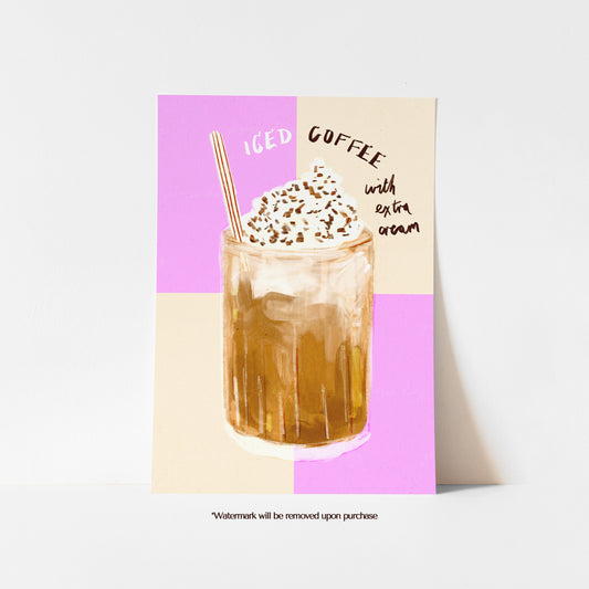 Pink iced coffee print with whipped cream, chocolate sprinkles and a striped straw on a pink and cream chequered background
