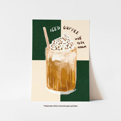 Iced coffee kitchen print with whipped cream, chocolate sprinkles and a striped straw on a dark green and cream chequered background
