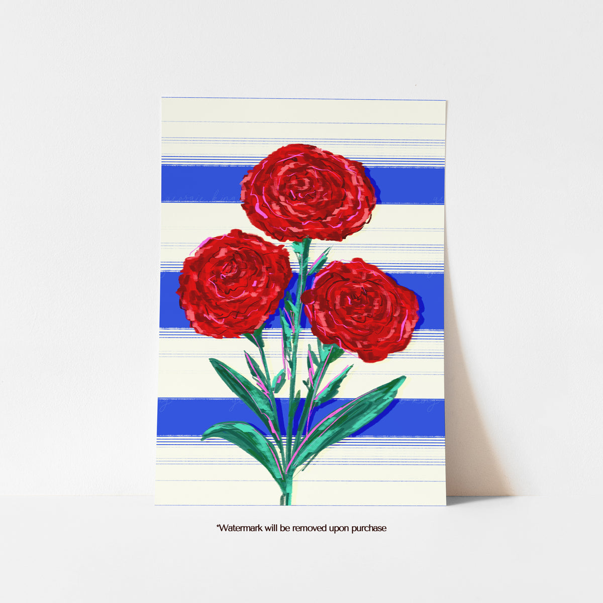 January birth flower print with three red carnations and green leaves against blue and cream stripes