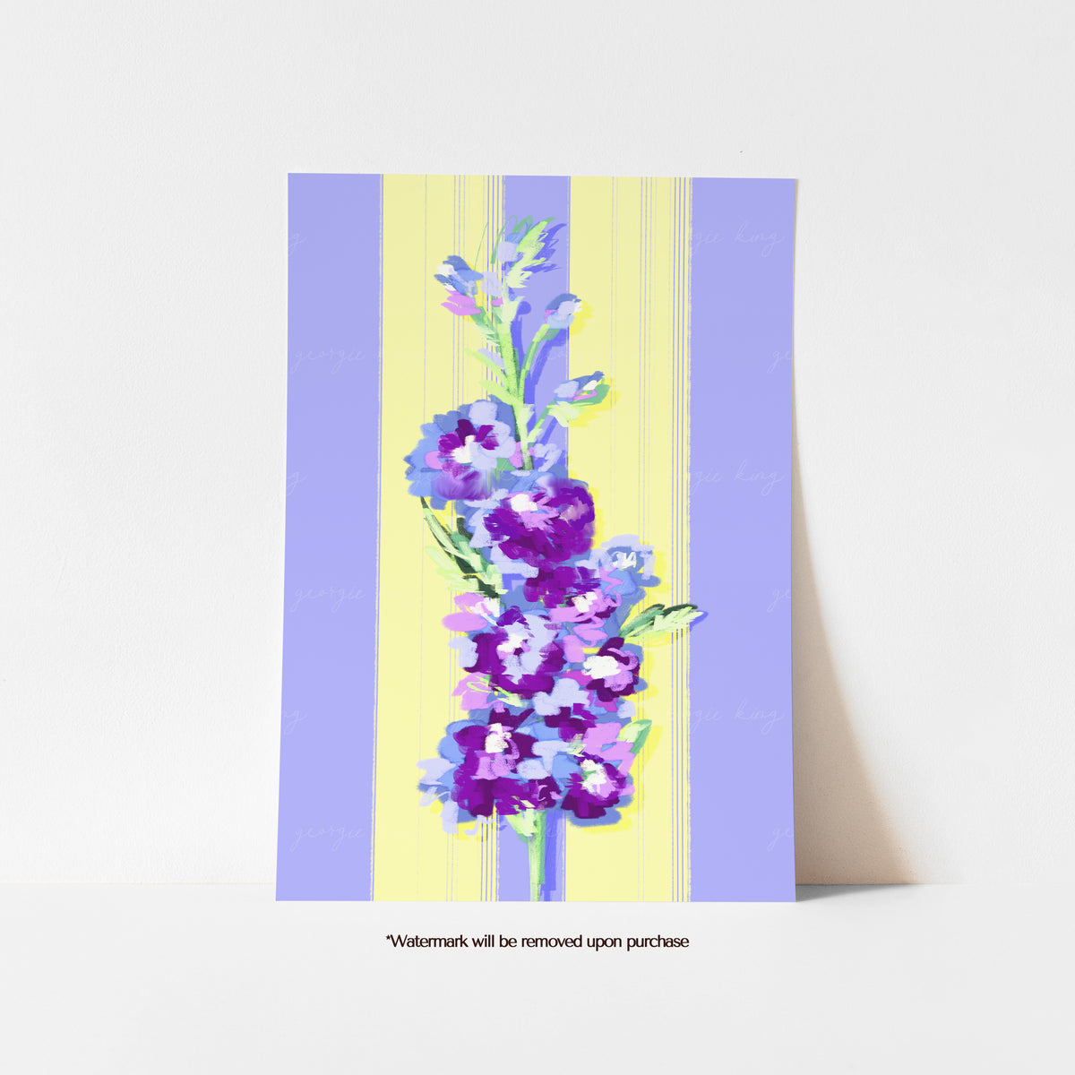 July birth flower print featuring a tall purple delphinium on a lilac, yellow and cream striped background