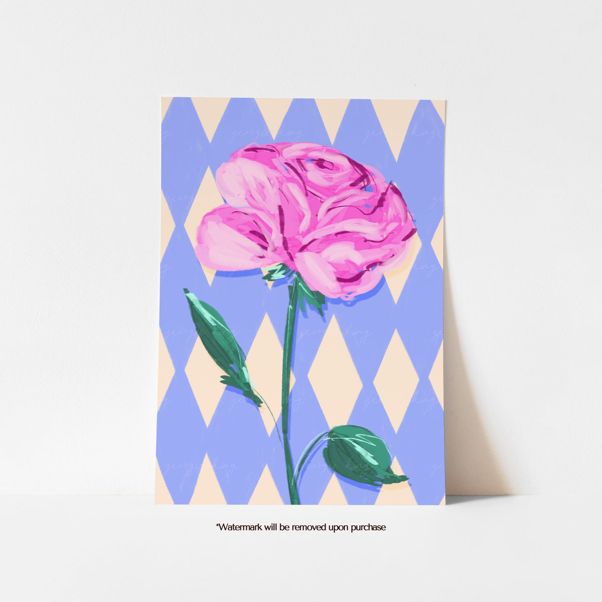 June birth flower print featuring a large pink rose on a lilac, blue and cream diamond-patterned background