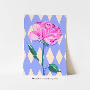 June birth flower print featuring a large pink rose on a lilac, blue and cream diamond-patterned background