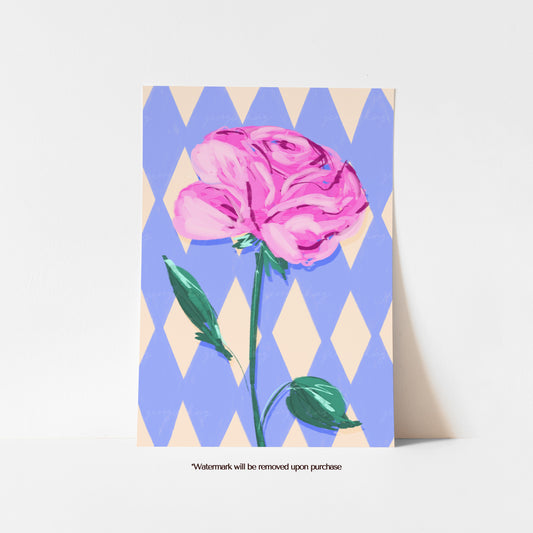 June birth flower print featuring a large pink rose on a lilac, blue and cream diamond-patterned background