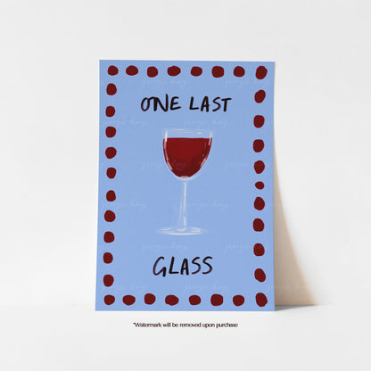 One Last Glass wine art print with a red wine glass on a soft blue background and deep red painted border.