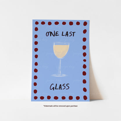 One Last Glass wine art print with a white wine glass on a soft blue background and deep red painted border.