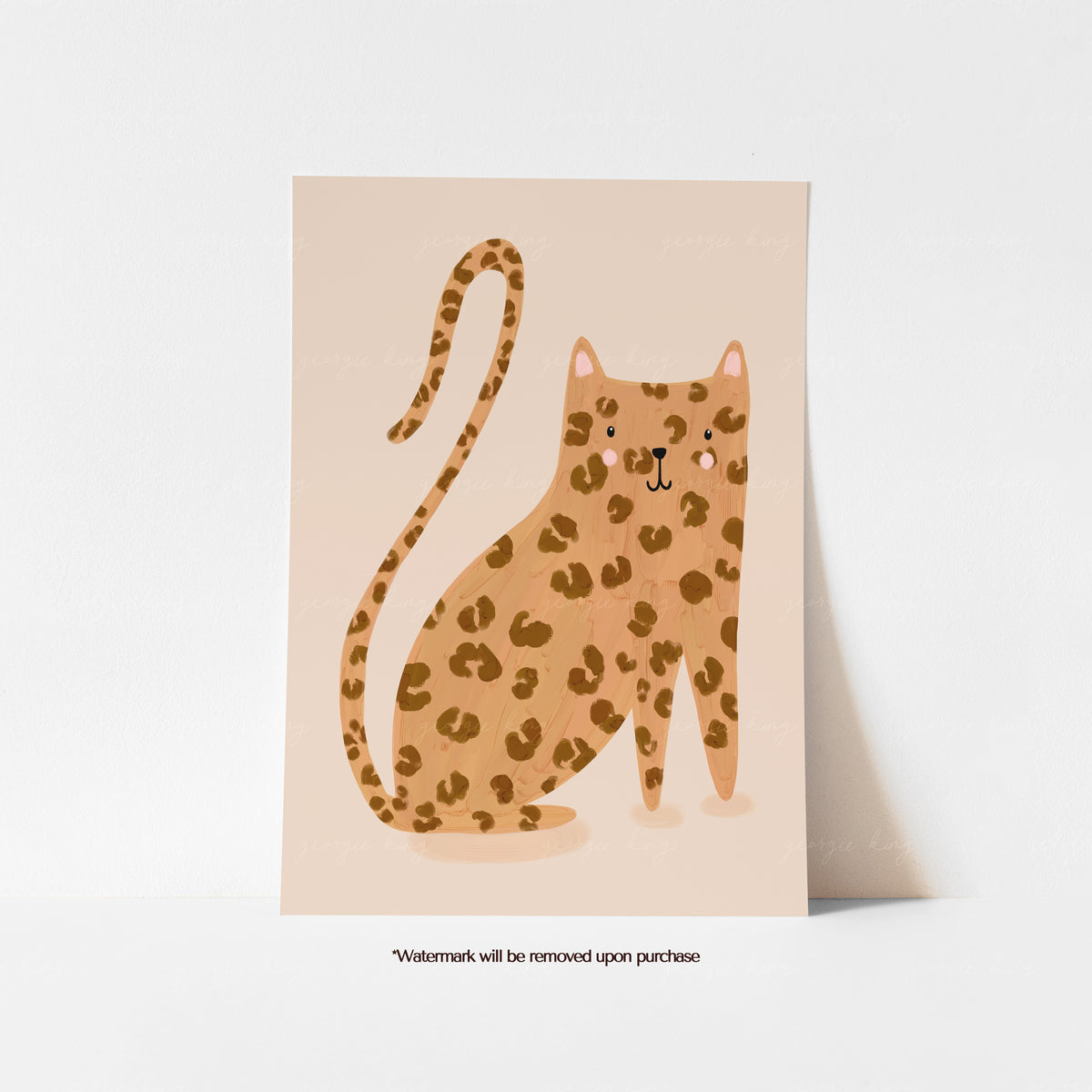 Leopard art print for kids featuring a friendly spotted leopard with rosy cheeks on a soft cream background
