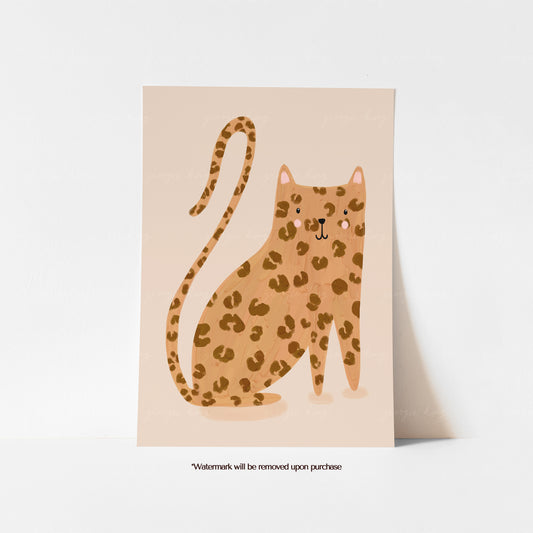 Leopard art print for kids featuring a friendly spotted leopard with rosy cheeks on a soft cream background
