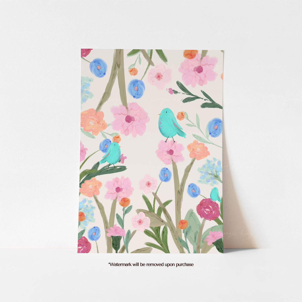 Floral kids’ art print with three turquoise birds among pink, blue and coral painterly flowers
