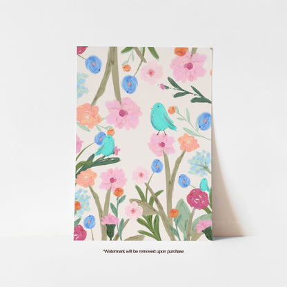 Floral kids’ art print with three turquoise birds among pink, blue and coral painterly flowers
