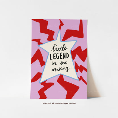 Little Legend in the Making colourful kids wall art print with a cream star, red zigzag pattern, lilac pink background and pale blue outline, styled against a white wall.