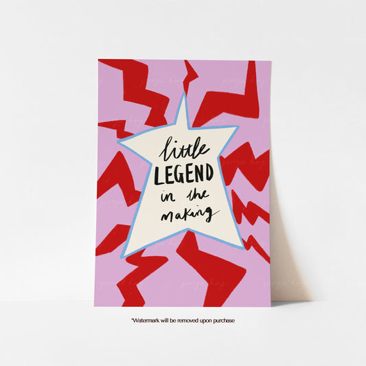 Little Legend in the Making colourful kids wall art print with a cream star, red zigzag pattern, lilac pink background and pale blue outline, styled against a white wall.