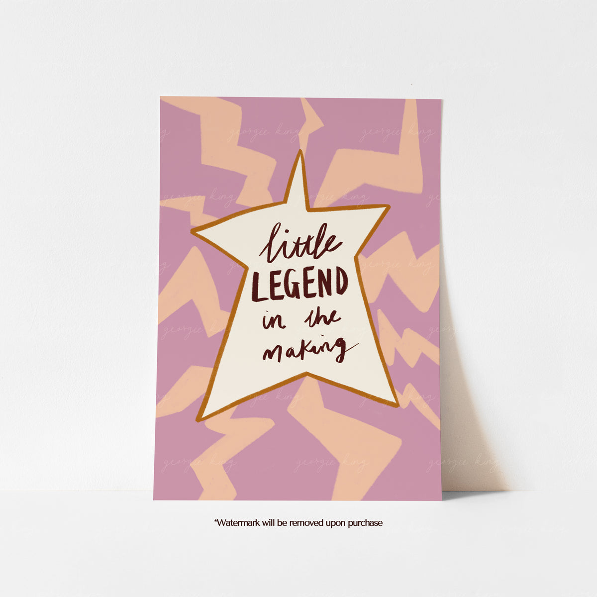 Little Legend in the Making children’s bedroom art print in soft mauve, peach and cream with a hand-drawn star and playful zigzag pattern.