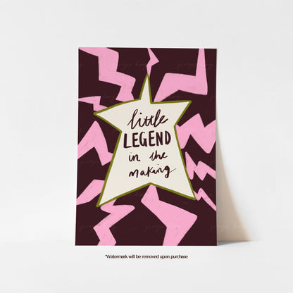 Colourful Little Legend kids bedroom print featuring a cream star, pink zigzags, deep burgundy background and olive green outline.